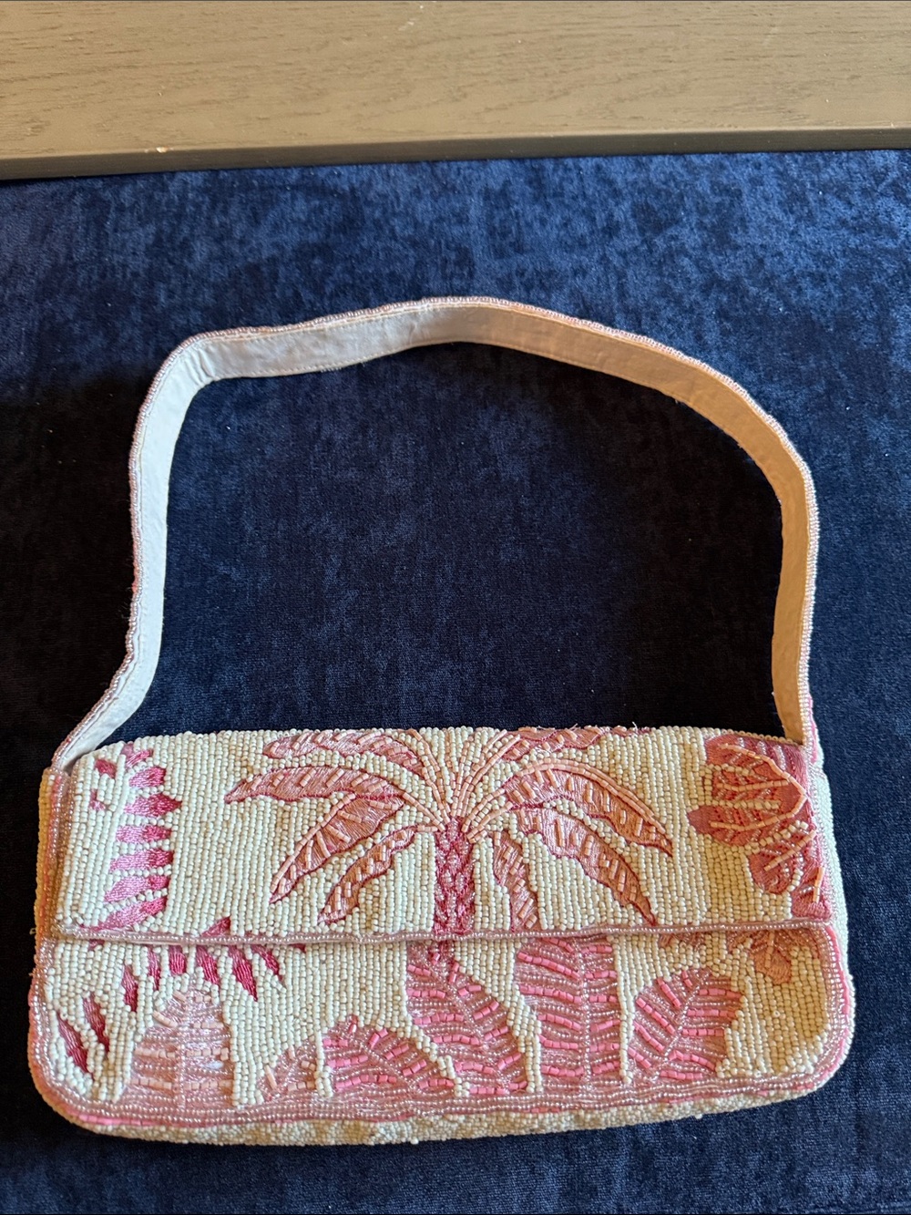 Beaded Palm-Print Shoulder Bag in Pink and Cream